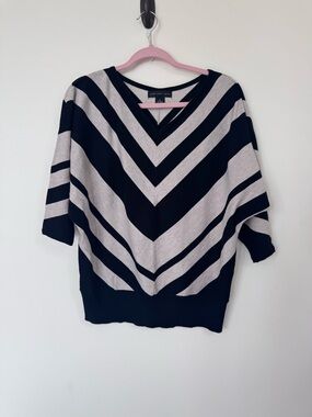 Joan Vass Black and Light Gray Chevron V-Neck Sweater